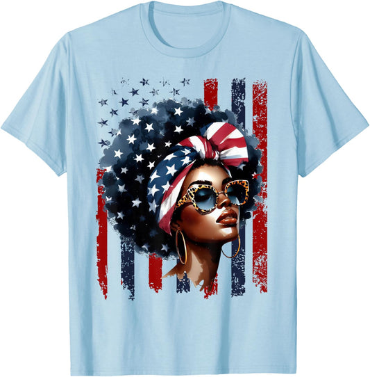 4th of July Black African American Women Afro Patriotic T-Shirt - T-Shirt | Light Blue
