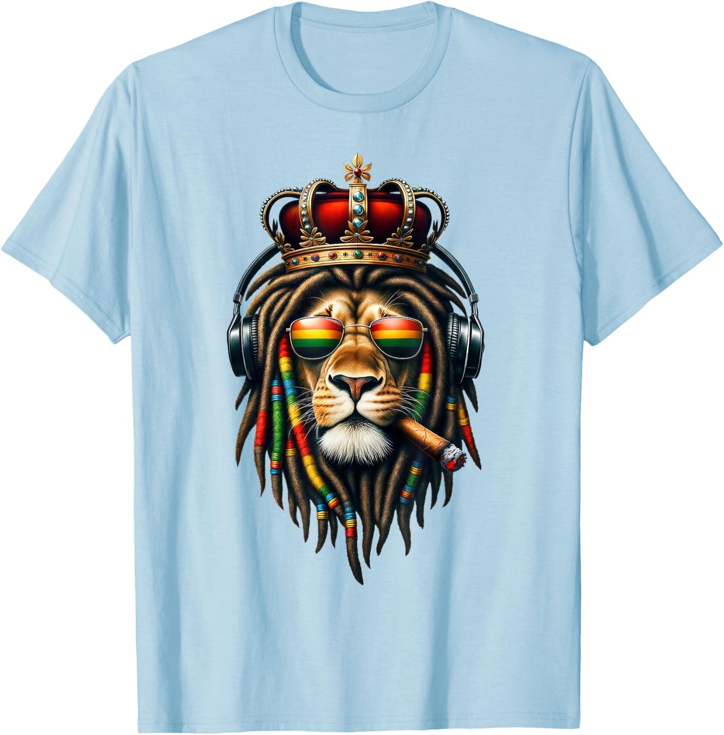 King Rasta Reggae Rastafarian Music Headphones Lion of Judah T-Shirt - T-Shirt | Light Blue