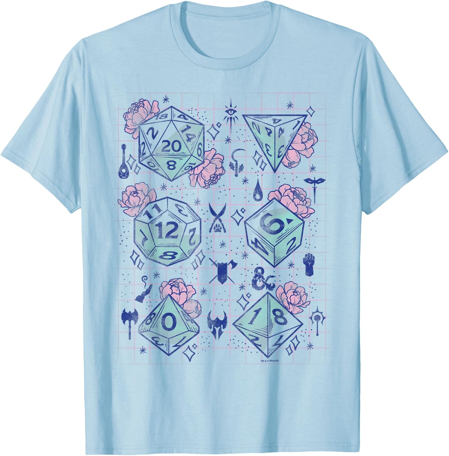 Dungeons & Dragons Floral Dice Grid T-Shirt - T-Shirt | Light Blue