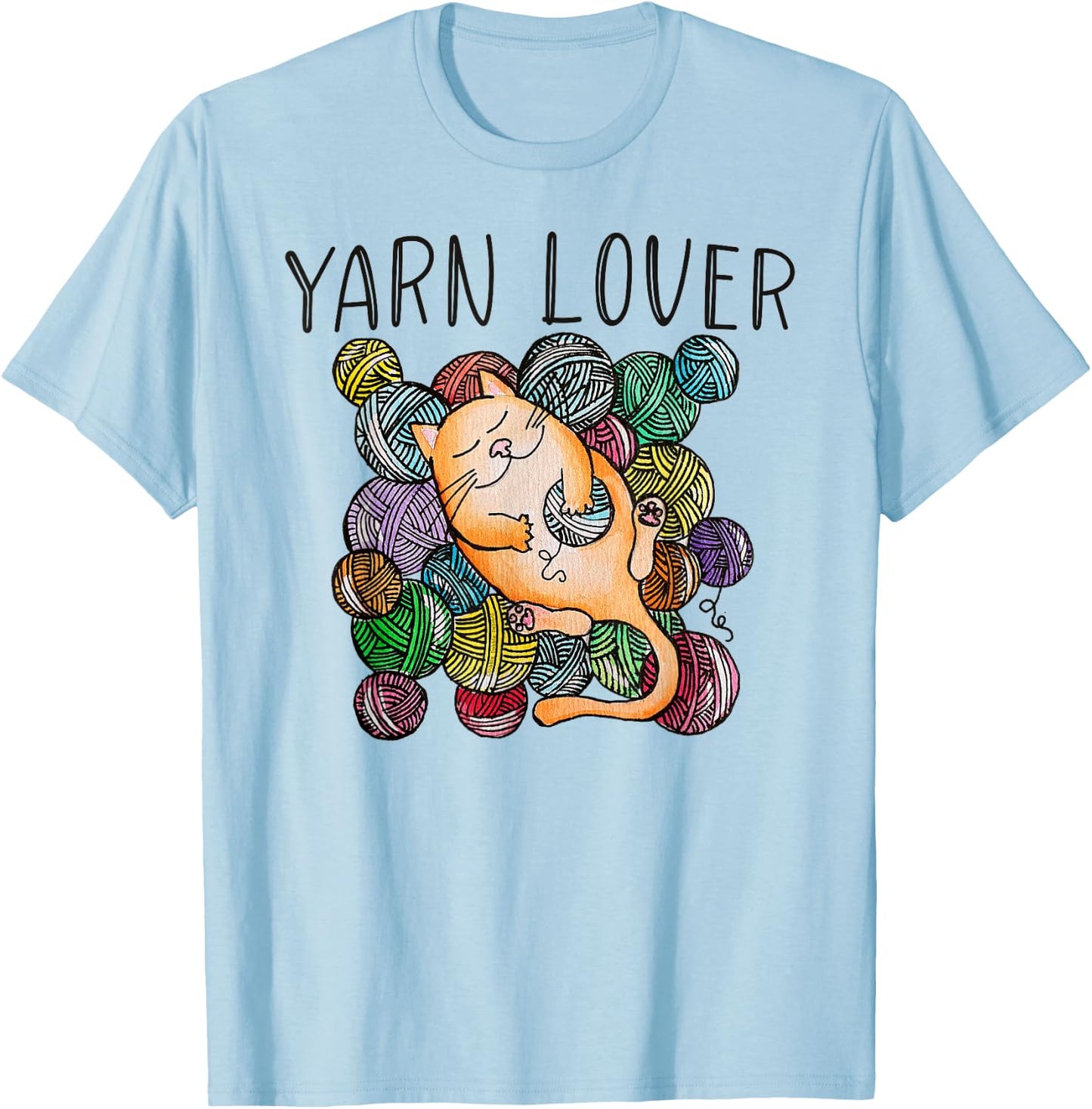 Adorable Knitting and Crochet Happy Cat Yarn Lovers T-Shirt - T-Shirt | Light Blue