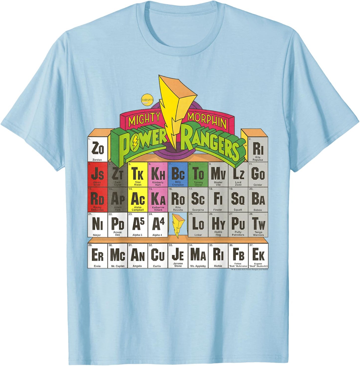 Power Rangers Vintage Colour Periodic Table T-Shirt - T-Shirt | Light Blue