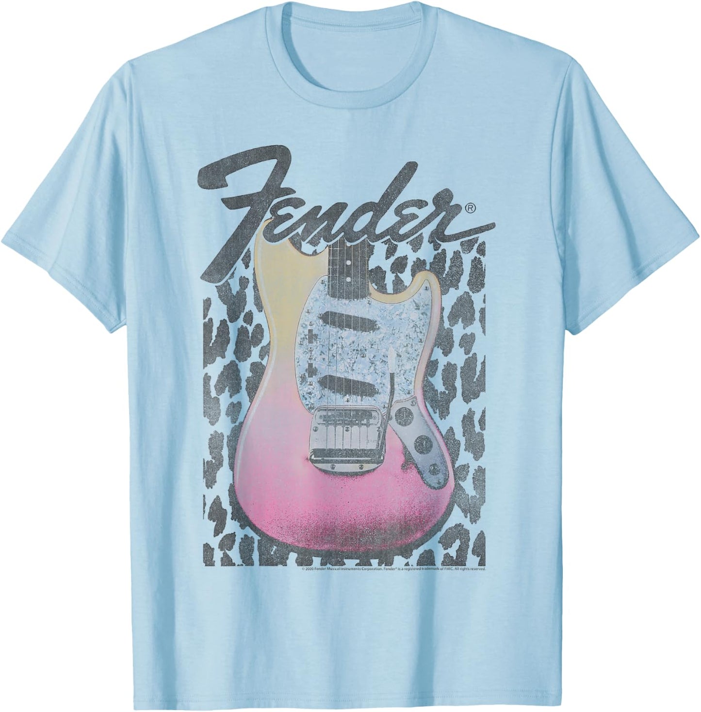 Fender Grunge Cheetah Print Electric Guitar Small T-Shirt - T-Shirt | Light Blue