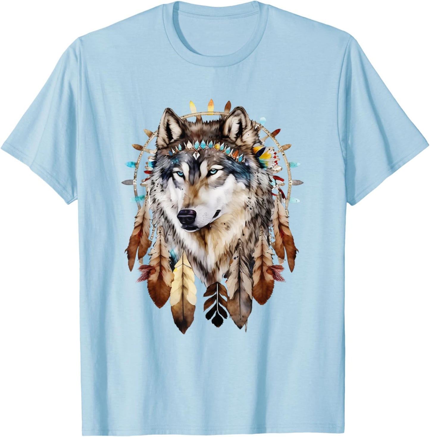 Native American Boho Dreamcatcher Tribe Wolf T-Shirt - T-Shirt | Light Blue