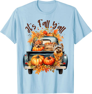 It’s Fall Y’all Yorkie Dogs Pumpkins Truck Autumn Season T-Shirt - T-Shirt | Light Blue
