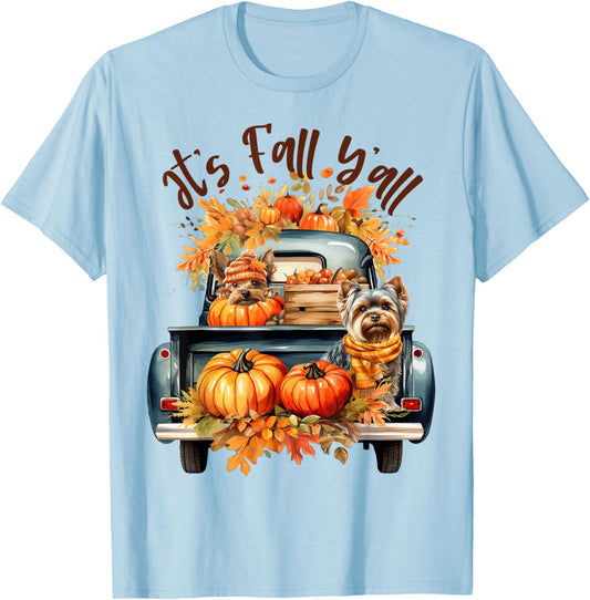 It’s Fall Y’all Yorkie Dogs Pumpkins Truck Autumn Season T-Shirt - T-Shirt | Light Blue