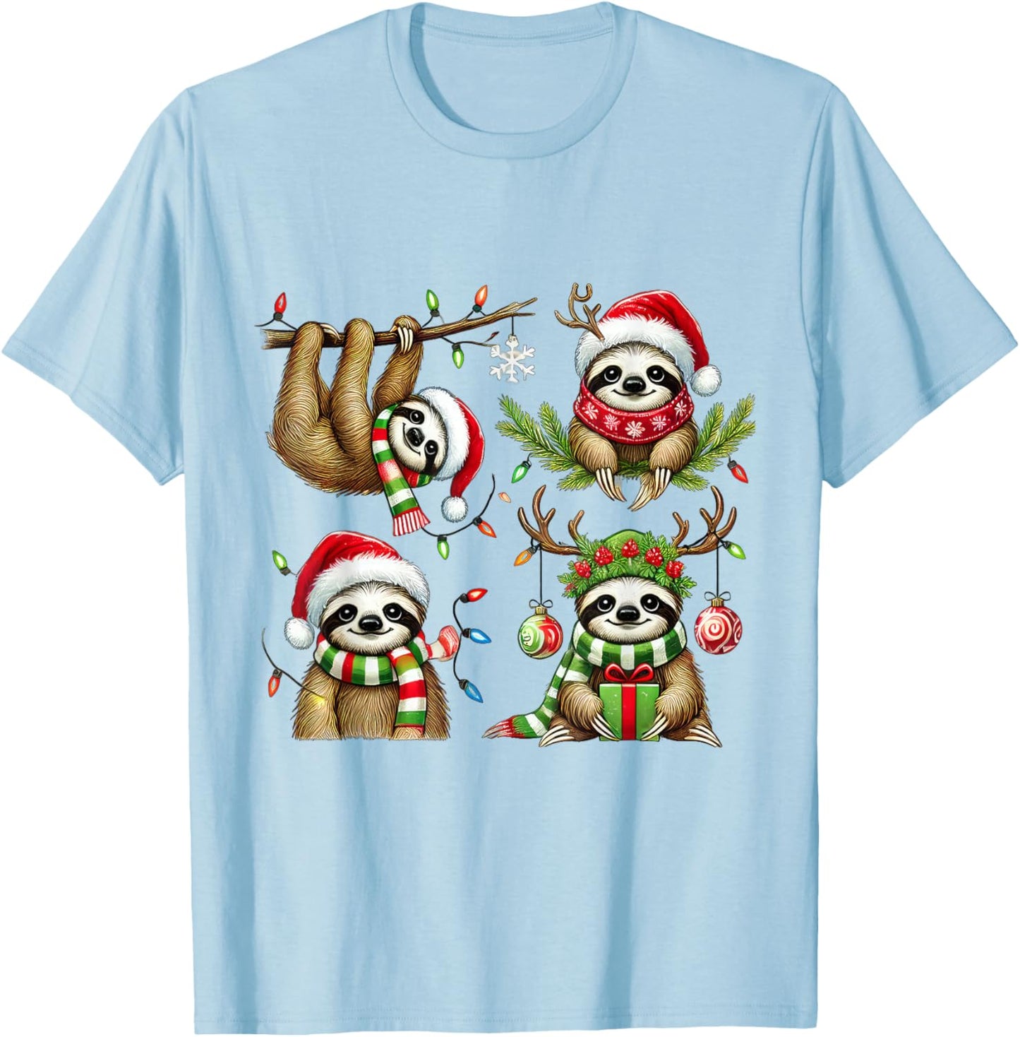 Santa Sloth Christmas Lights Funny Holiday Sloth Lover Gift T-Shirt - T-Shirt | Light Blue