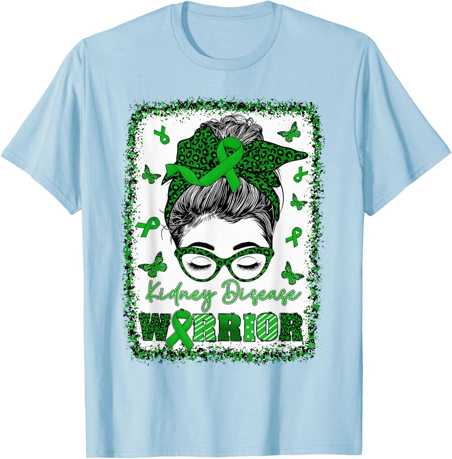 Messy Bun Bandana Woman Green Ribbon Kidney Disease Warrior T-Shirt - T-Shirt | Light Blue