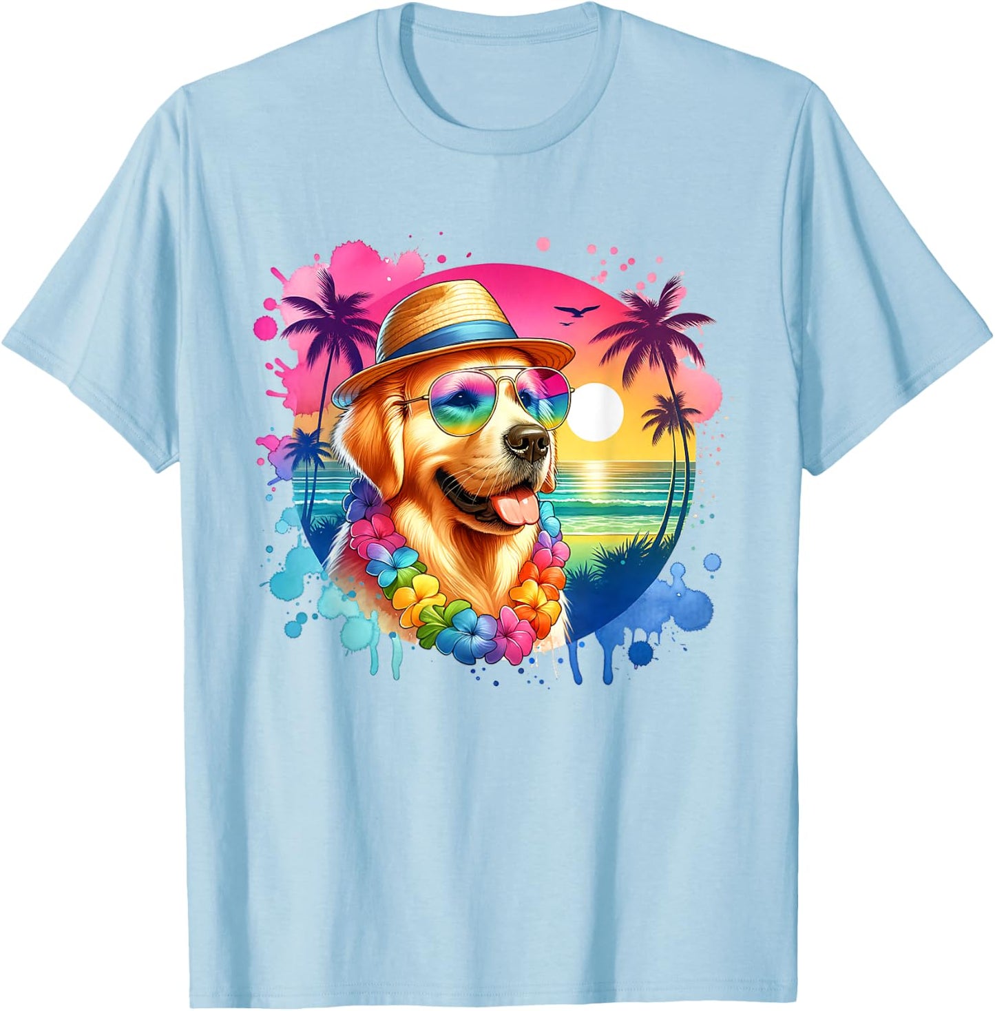 Hawaiian Golden Retriever Dog Watercolor Tropical Summer Men Women Girls Kids T-Shirt - T-Shirt | Light Blue