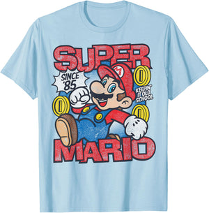 Super Mario Bros Mushroom Kingdom Since '85 Vintage T-Shirt - T-Shirt | Light Blue