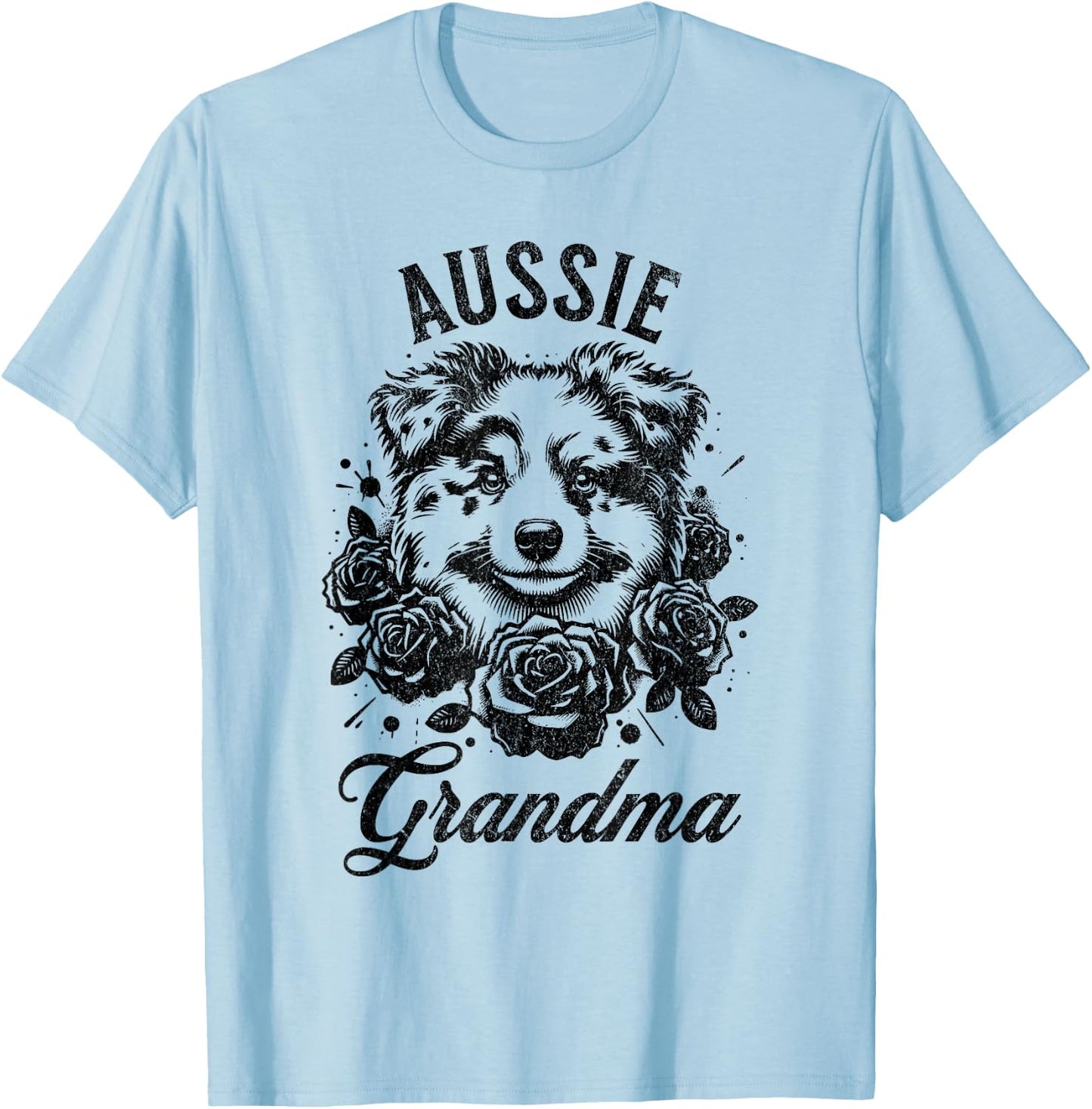 Aussie Light Red Merle Australian Shepherd Grandma Flowers T-Shirt - T-Shirt | Light Blue