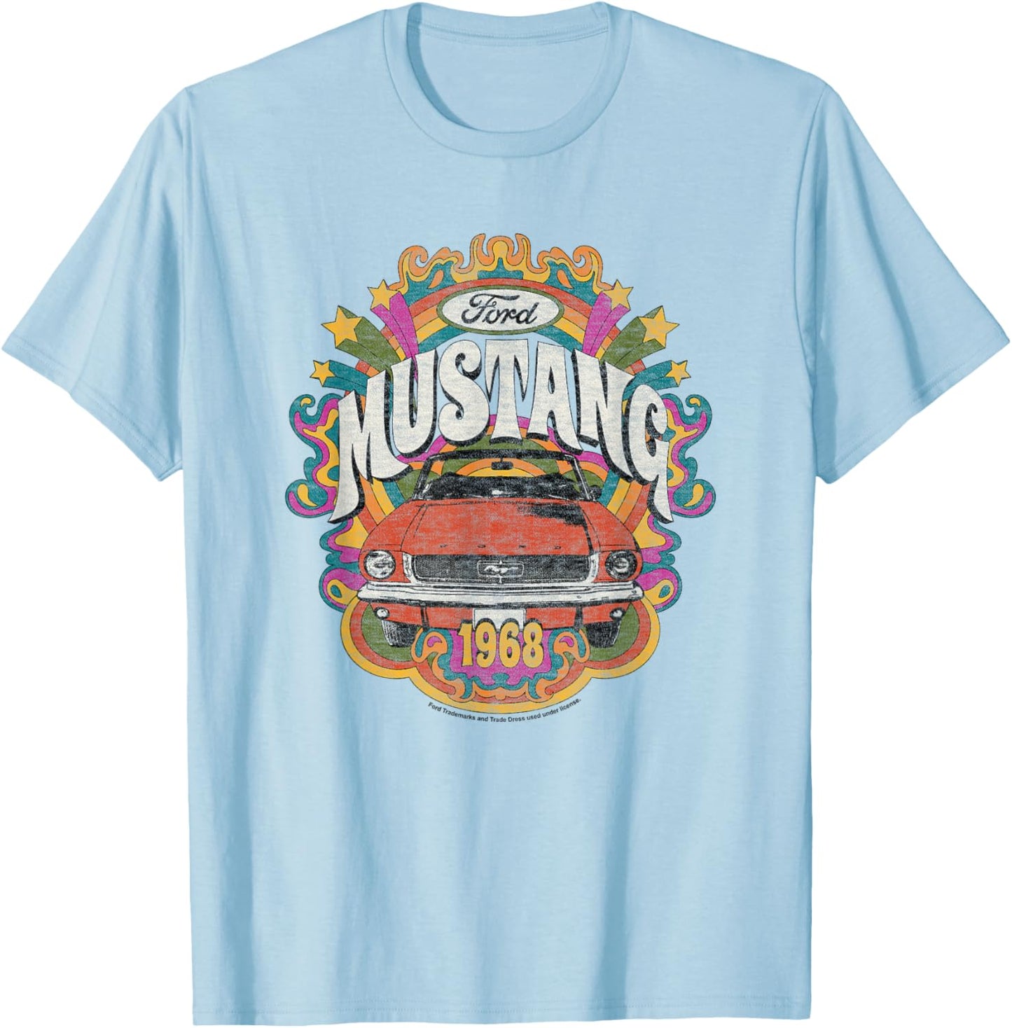 Ford - Vintage Red Mustang 1968 Rainbow Background Stars T-Shirt - T-Shirt | Light Blue