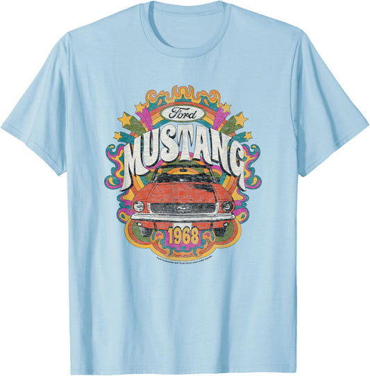 Ford - Vintage Red Mustang 1968 Rainbow Background Stars T-Shirt - T-Shirt | Light Blue