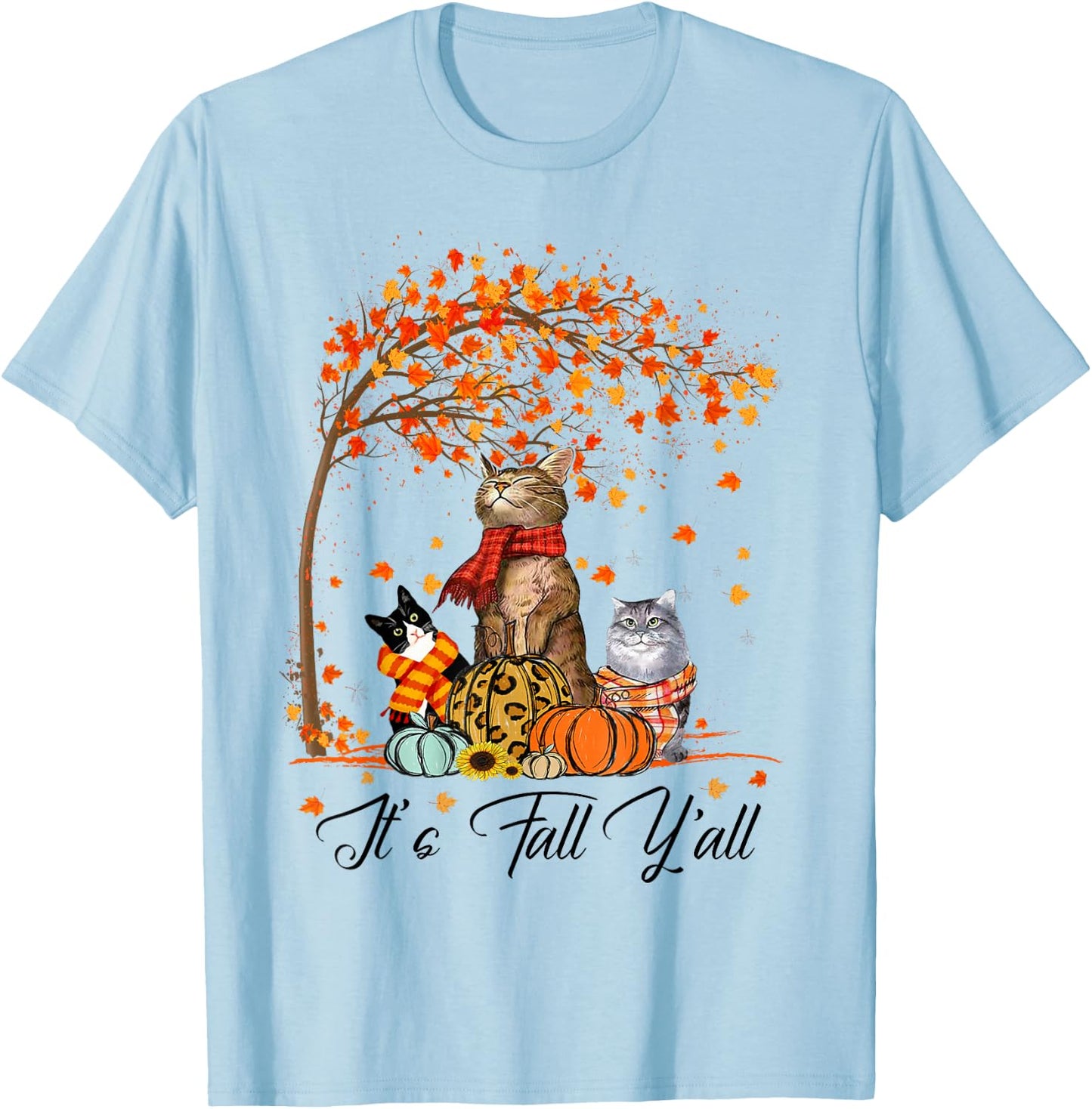 Cat It’s Fall Y’all Pumpkins Autumn Halloween Cat Fall Gifts T-Shirt - T-Shirt | Light Blue