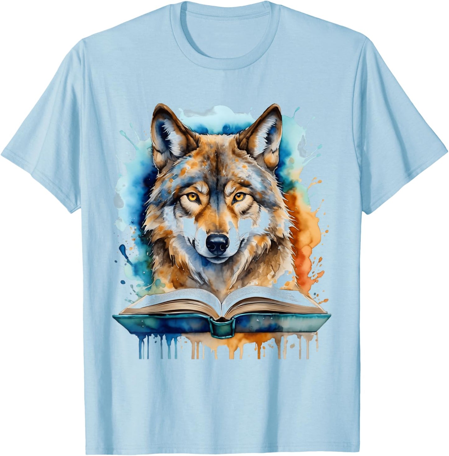 Wolf Reading Book Colorful Animal Art Print Graphic T-Shirt - T-Shirt | Light Blue