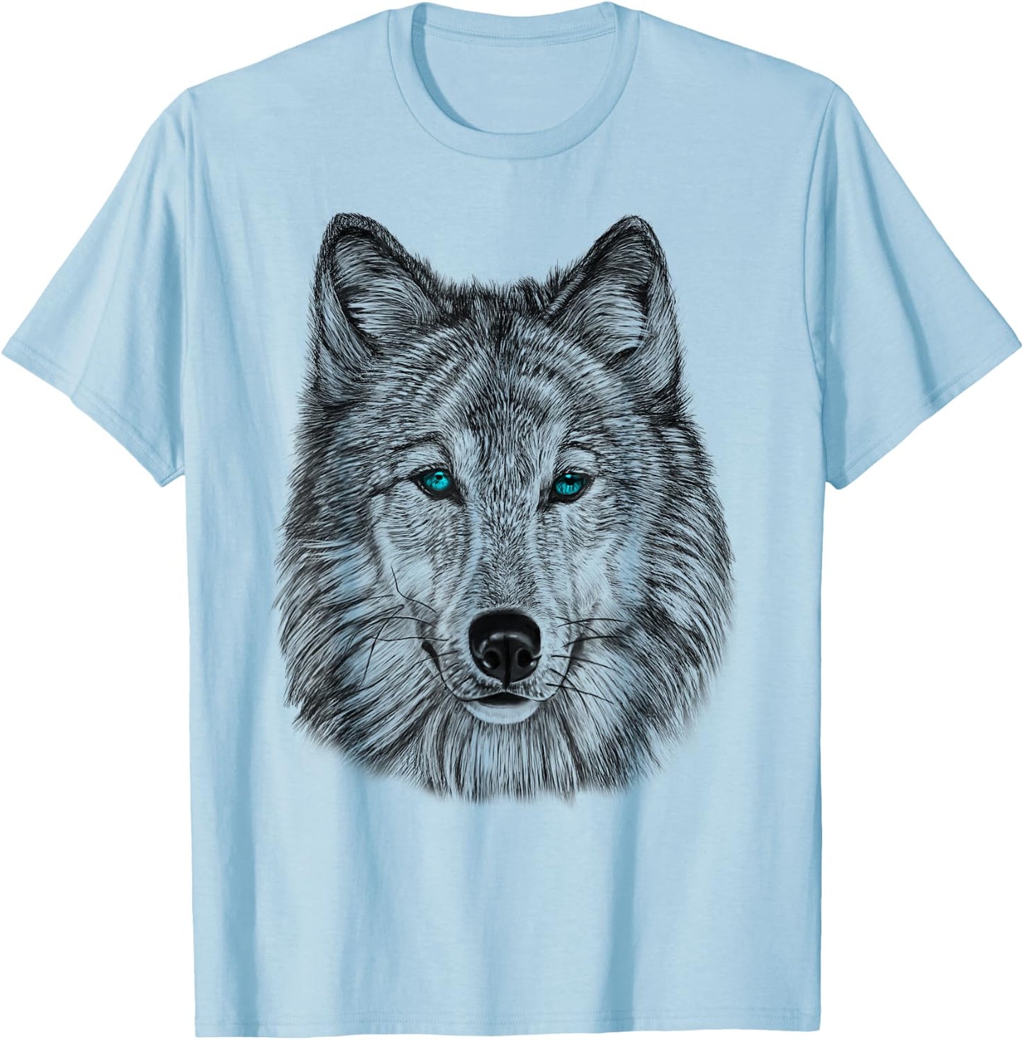 Fearless Eye of The Wolf Face Print Black and White Graphic T-Shirt - T-Shirt | Light Blue