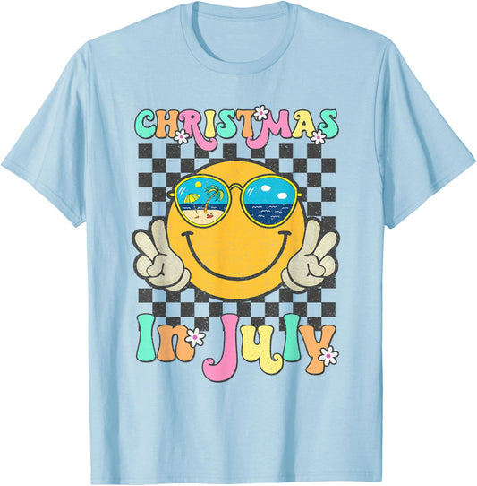 Christmas in July Smile Face Summer Beach Vacation Girl Kids T-Shirt - T-Shirt | Light Blue