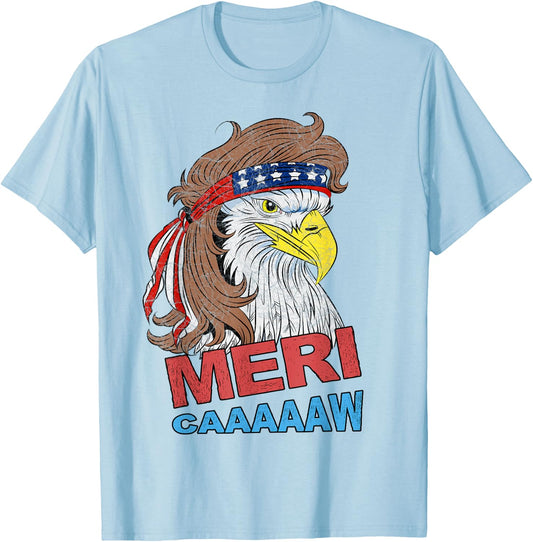 meri-caaaaaw - Eagle Mullet 4th Of July USA American Flag T-Shirt - T-Shirt | Light Blue