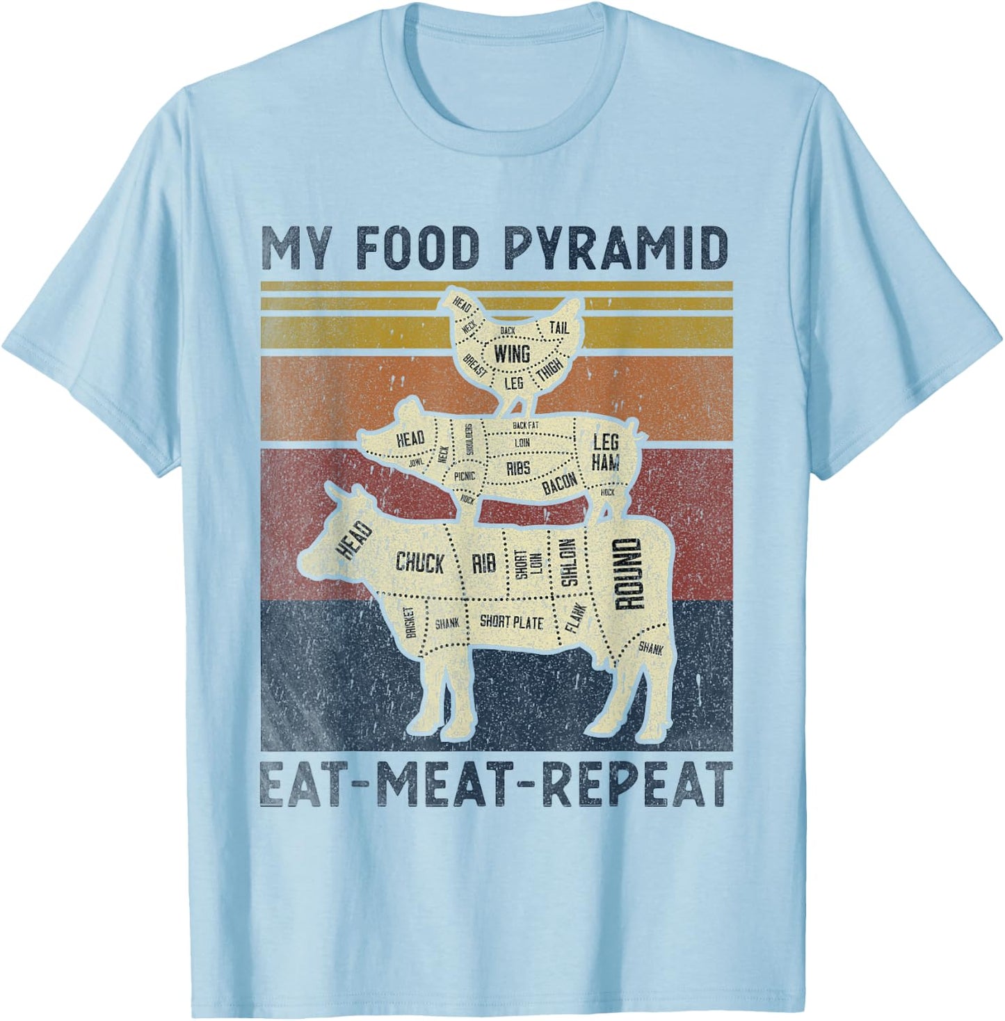 My Food Pyramid Eat Meat Repeat Retro Vintage Funny BBQ Joke T-Shirt - T-Shirt | Light Blue