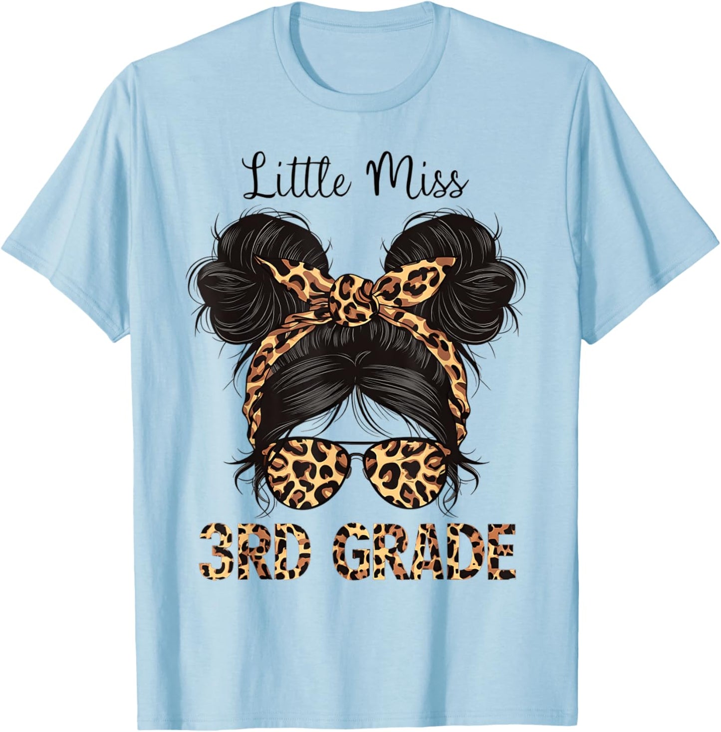 Hello 3rd Grade Messy Hair Bun Girl Leopard Back To School T-Shirt - T-Shirt | Light Blue