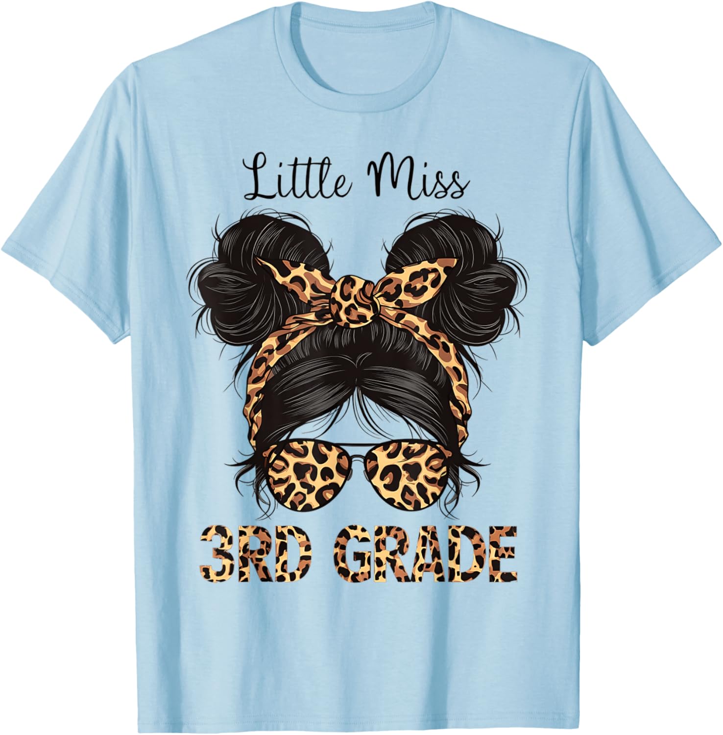 Hello 3rd Grade Messy Hair Bun Girl Leopard Back To School T-Shirt - T-Shirt | Light Blue