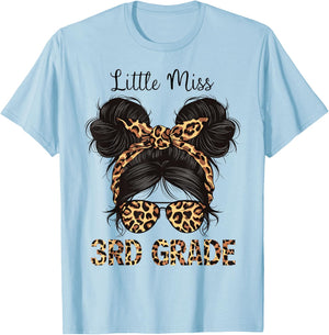 Hello 3rd Grade Messy Hair Bun Girl Leopard Back To School T-Shirt - T-Shirt | Light Blue