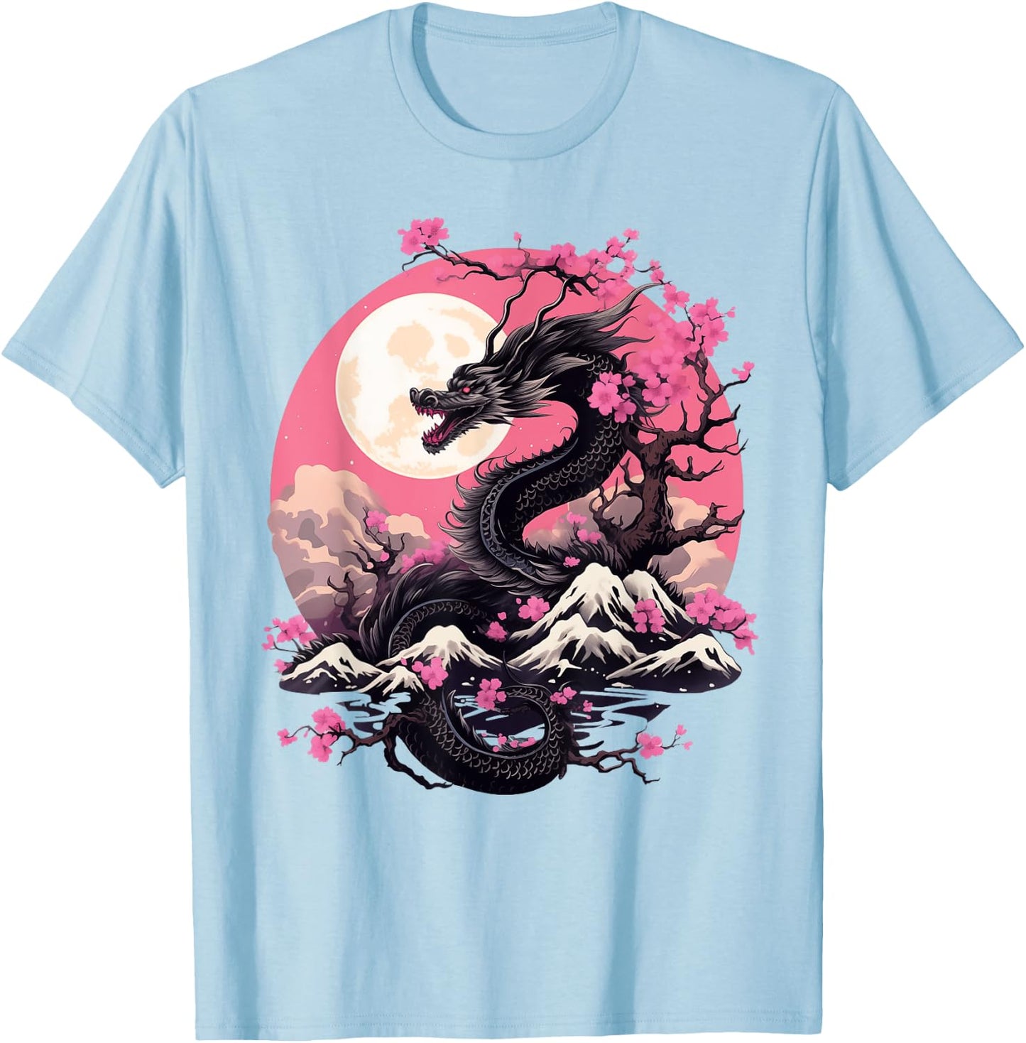 Japanese Dragon & Cherry Blossom Men & Women Full Moon Asian T-Shirt - T-Shirt | Light Blue