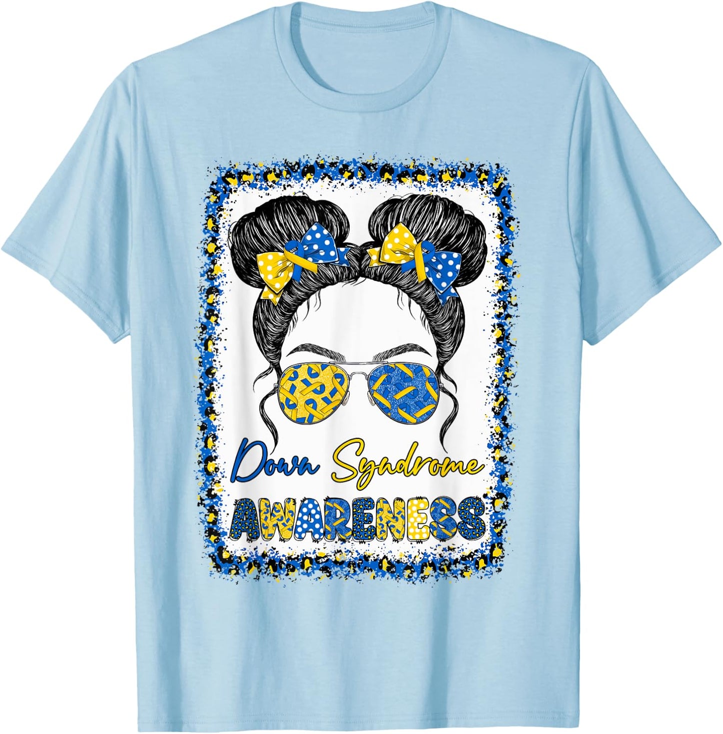 Messy Bun Girl Yellow Blue Bow Ties Sunglasses Down Syndrome T-Shirt - T-Shirt | Light Blue