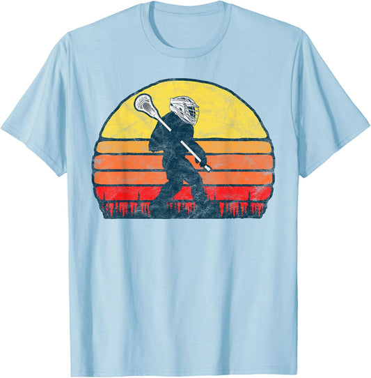 Funny Sasquatch Lax Bigfoot Lacrosse Vintage 80s Sunset T-Shirt - T-Shirt | Light Blue