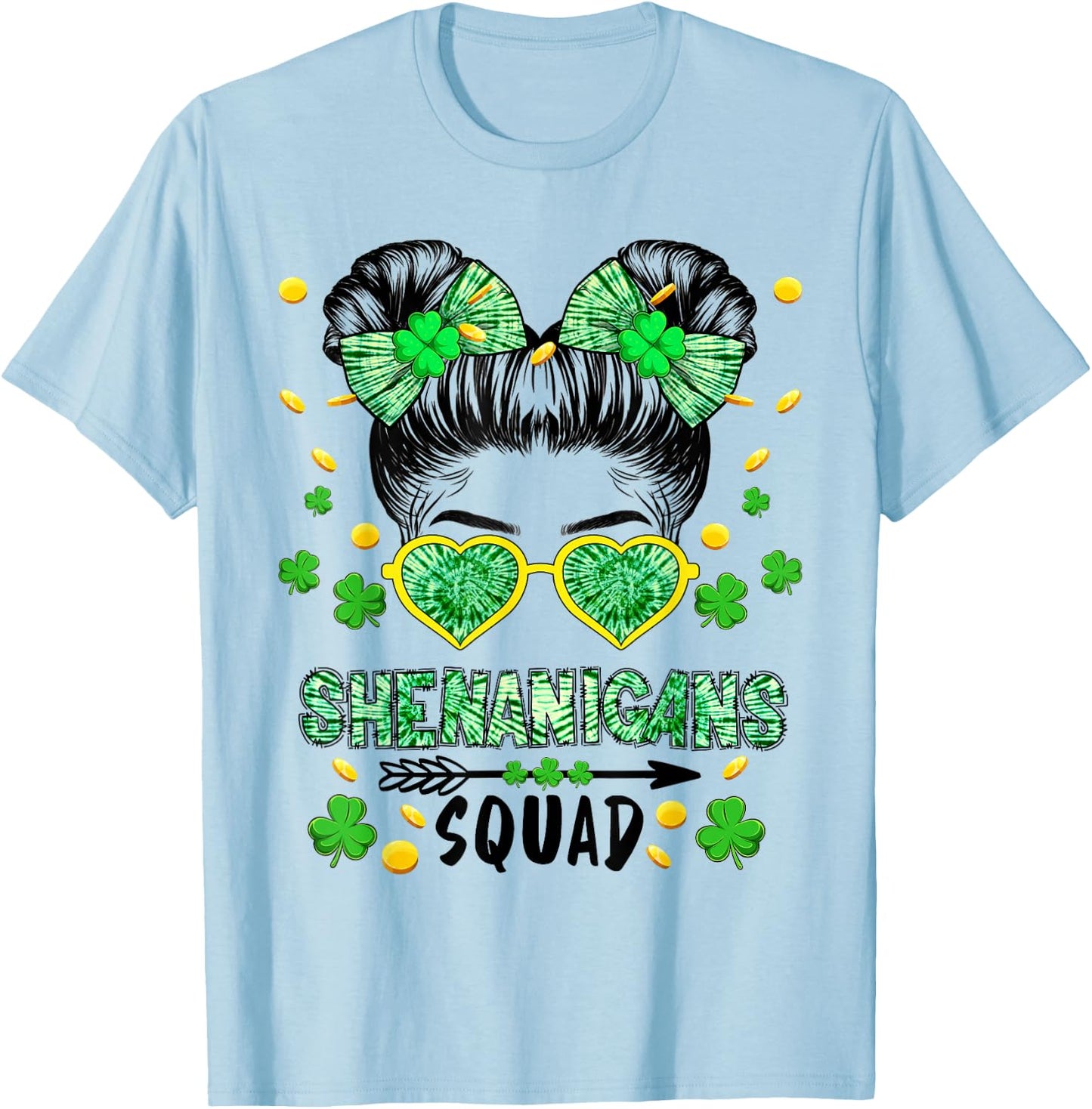 Shenanigans Squad Messy Bun St Patricks Day Girls T-Shirt - T-Shirt | Light Blue
