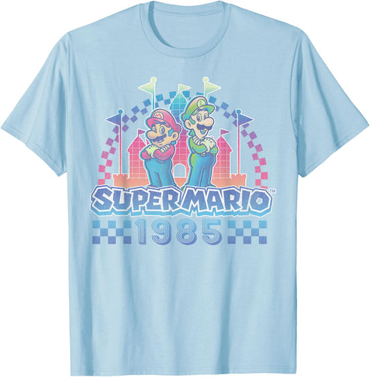 Super Mario Bros Retro Rainbow 1985 Vintage Race Track Duo T-Shirt - T-Shirt | Light Blue