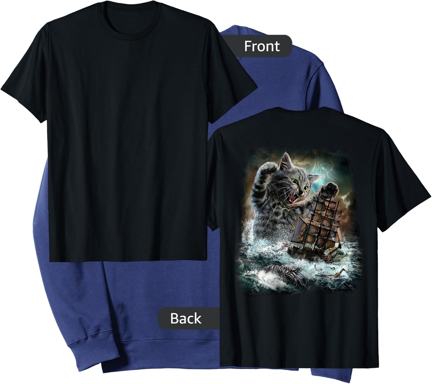 Giant Cat as Kraken Sea Monster Ambush a War Ship in Ocean Sweatshirt - Sweatshirt | Navy