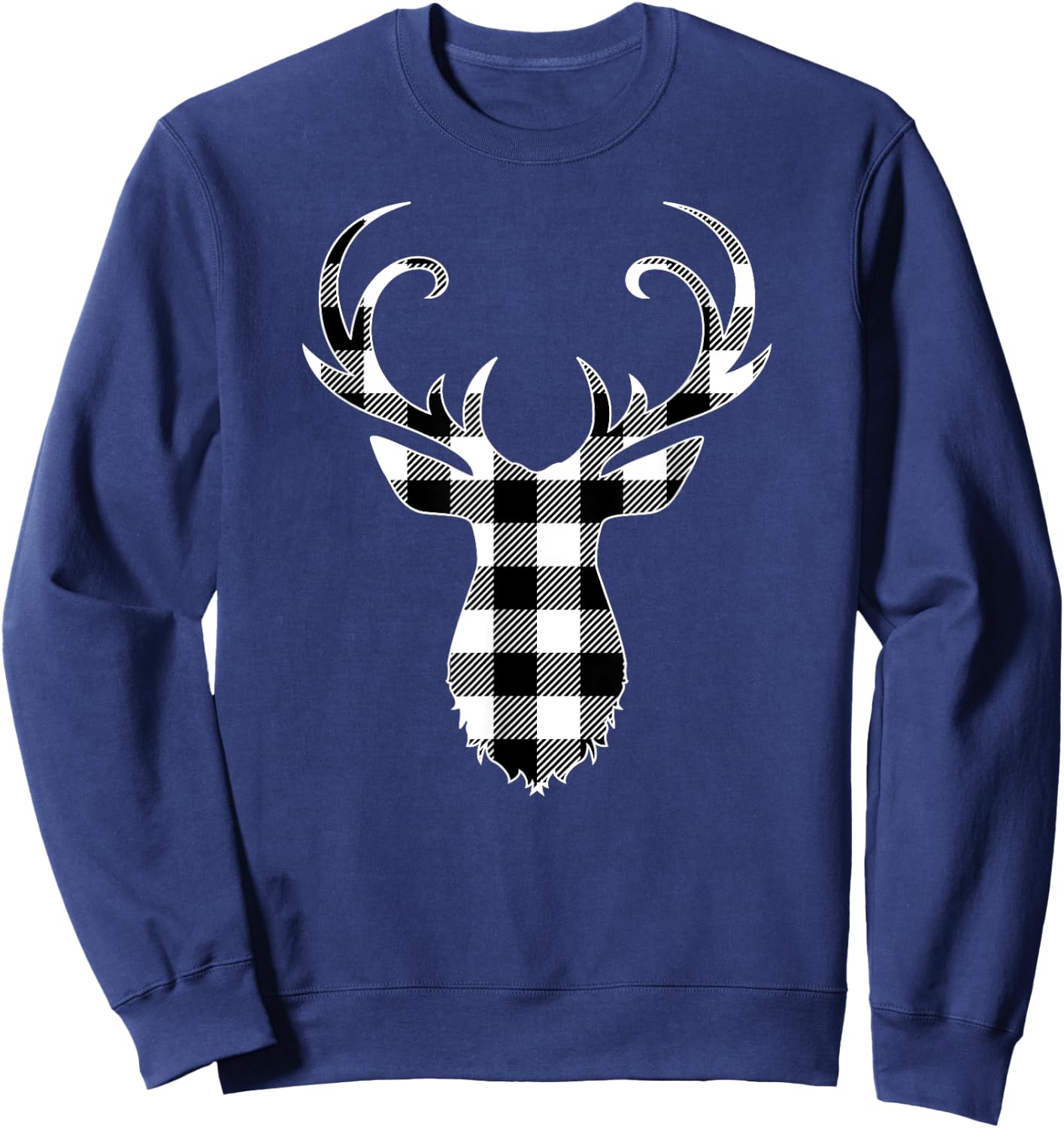 Black & White Classic Christmas Buffalo Plaid Deer Head Sweatshirt - Sweatshirt | Navy