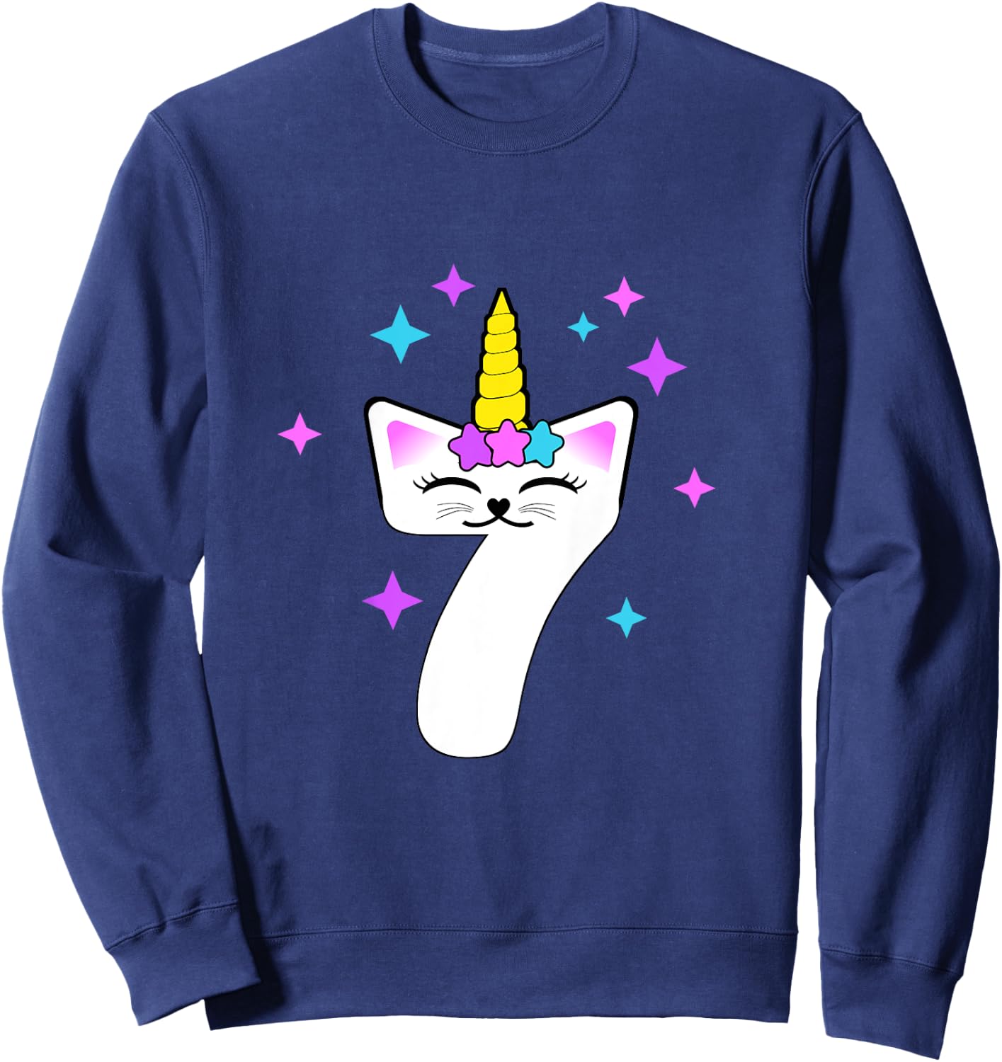 7 Year Old Cat Unicorn Caticorn 7th Birthday Party Girls Sweatshirt - Sweatshirt | Navy