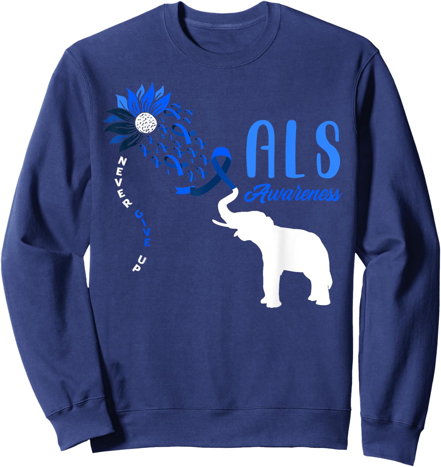Blue Ribbon Elephant ALS Warrior Support ALS Awareness Sweatshirt - Sweatshirt | Navy