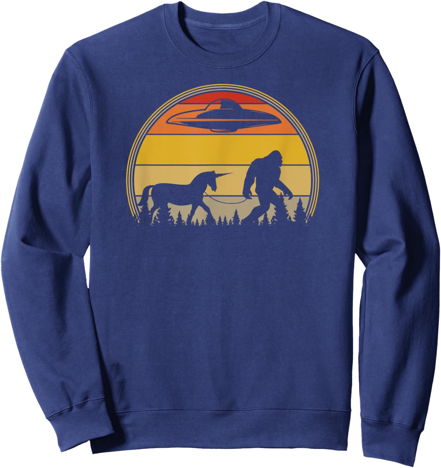 Retro Sunset Unicorns, Aliens, UFOs, Bigfoot Sweatshirt - Sweatshirt | Navy