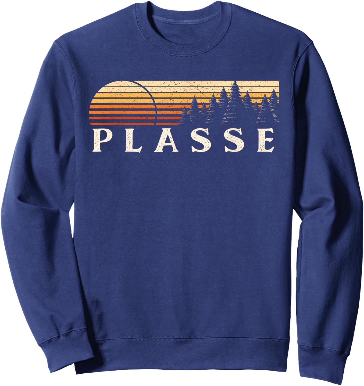 Plasse, CA Vintage Evergreen Sunset Eighties Retro Sweatshirt - Sweatshirt | Navy