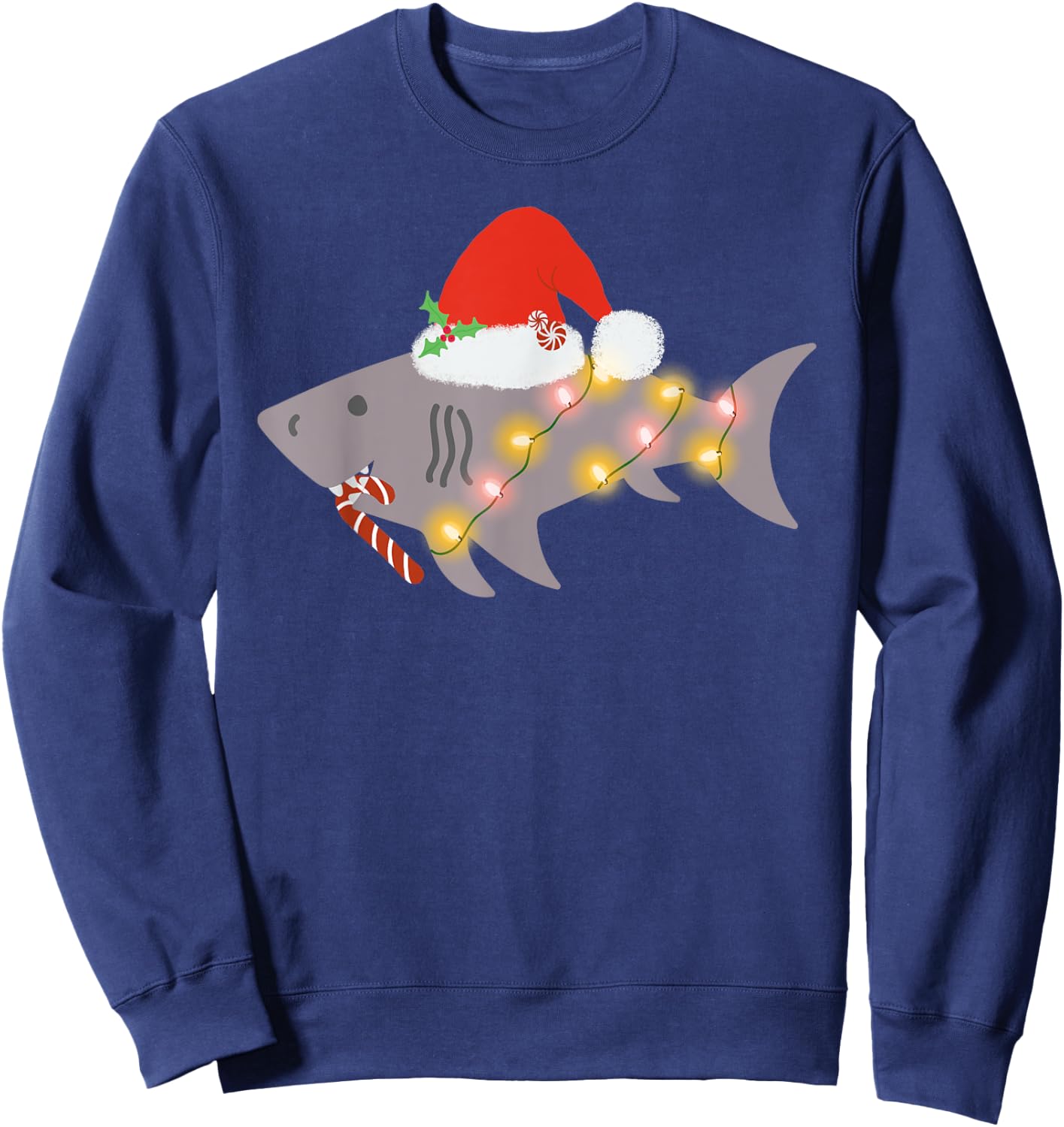 Shark Santa Hat Candy Cane Peppermint Candies Christmas Sweatshirt - Sweatshirt | Navy