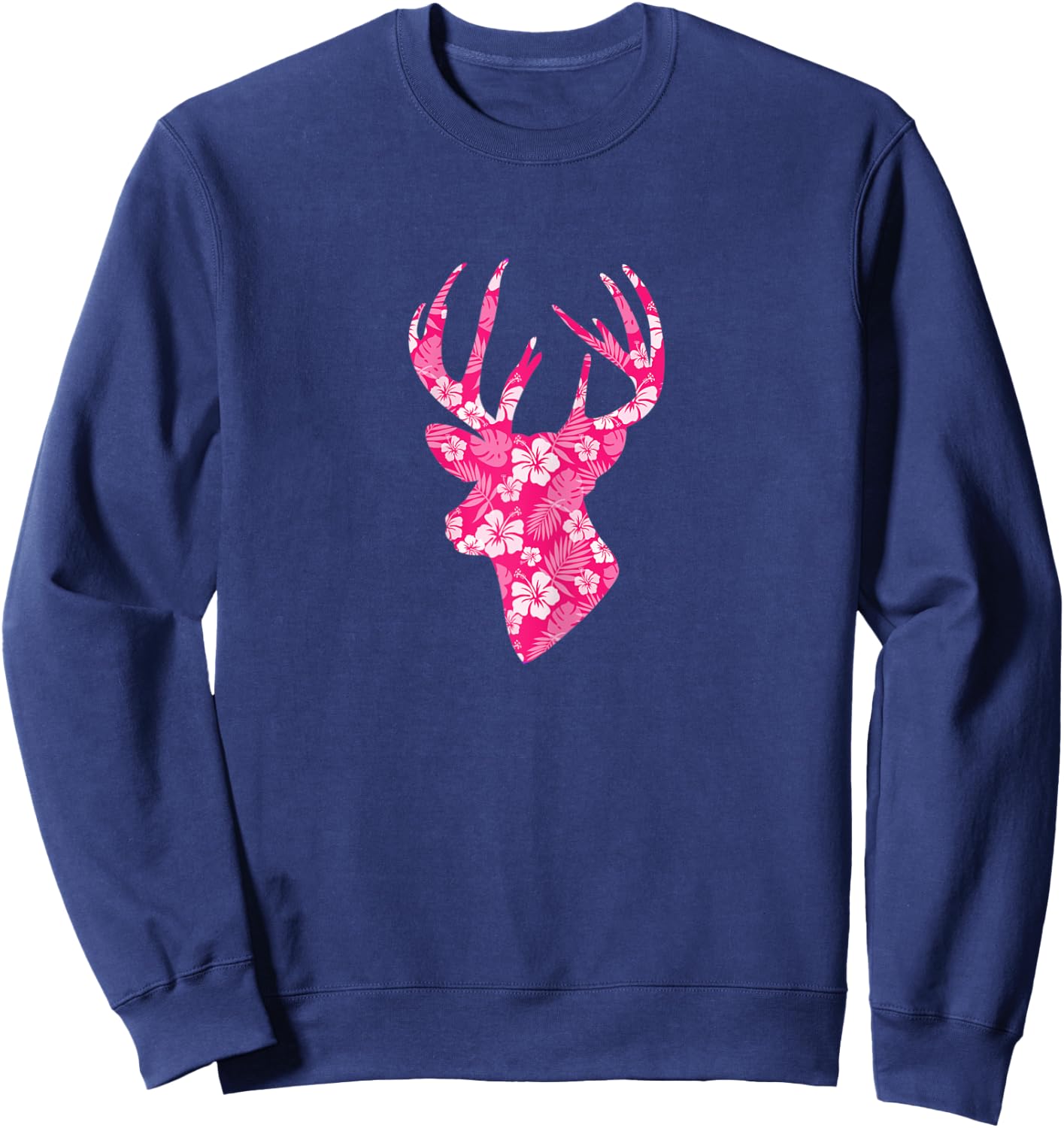 Deer Head Pink Hibiscus Flower Floral Hunting Hunter Sweatshirt - Sweatshirt | Navy