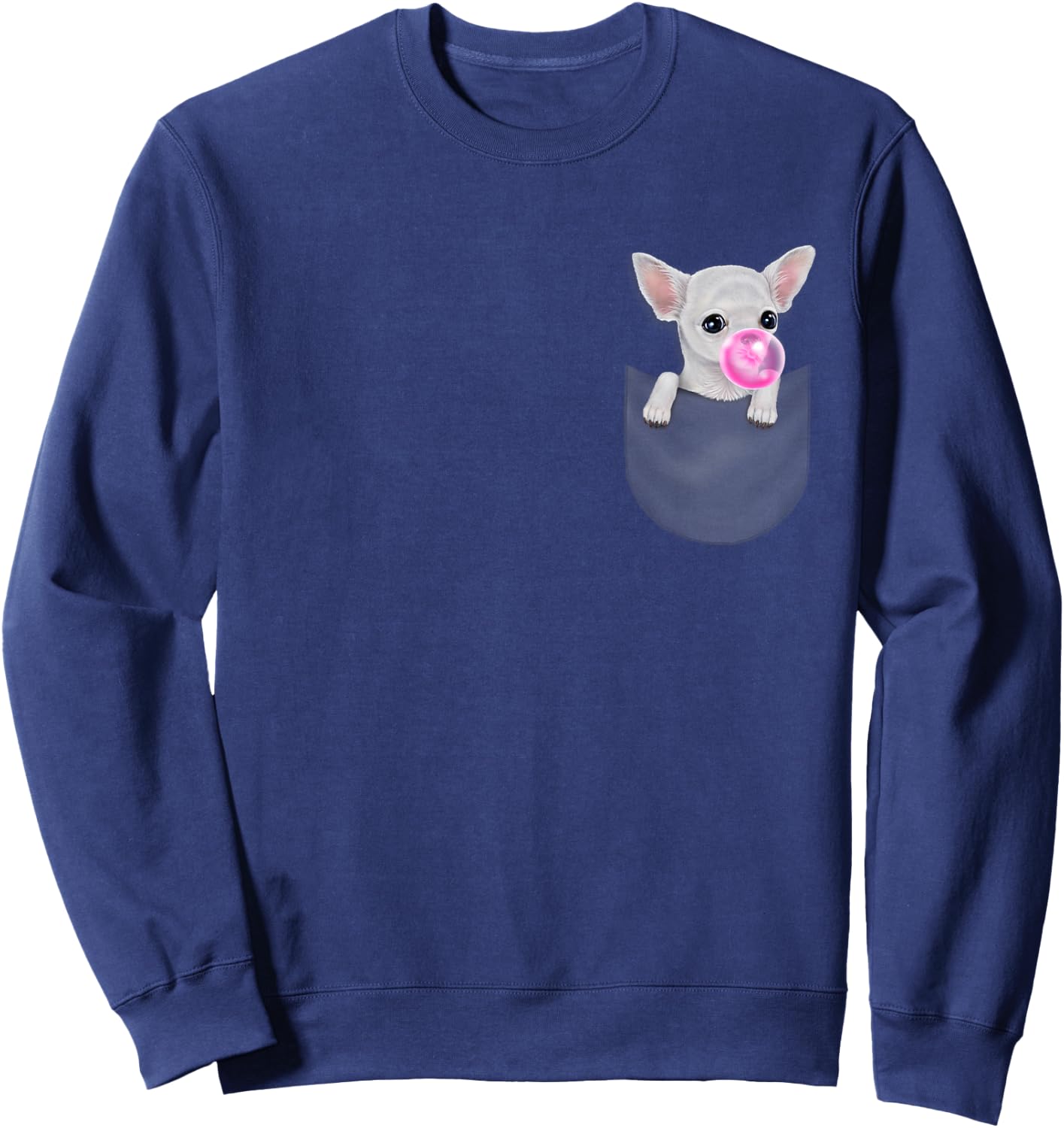 White Chihuahua Dog in Pocket with Bubble Gum Sweatshirt - Sweatshirt | Navy