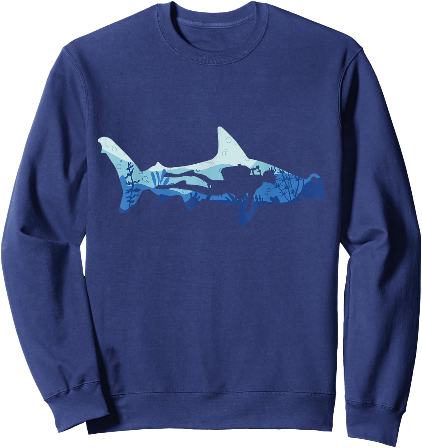 Hammerhead Shark Scuba Diver Silhouette Ocean Diving Graphic Sweatshirt - Sweatshirt | Navy