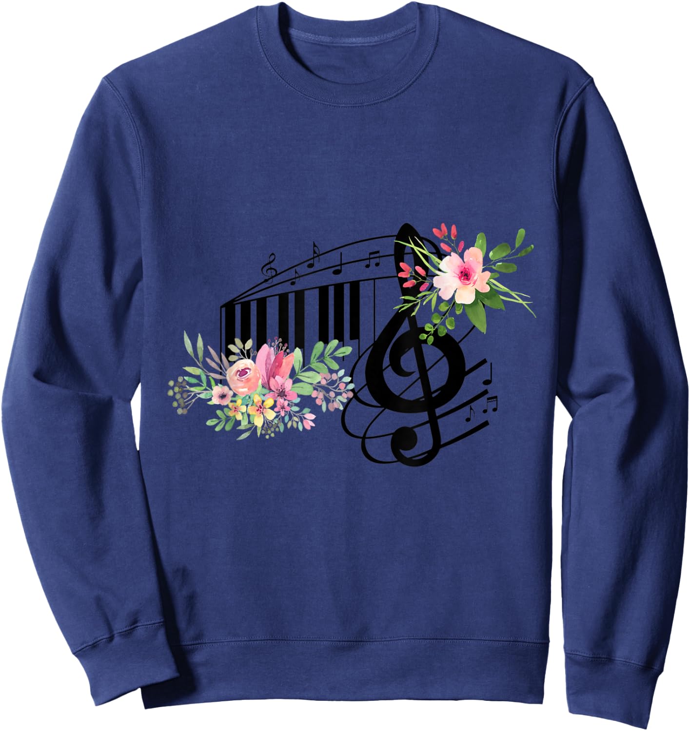 Cut Music Teacher Shirt with a Piano Keys, Notes and Flowers Sweatshirt - Sweatshirt | Navy