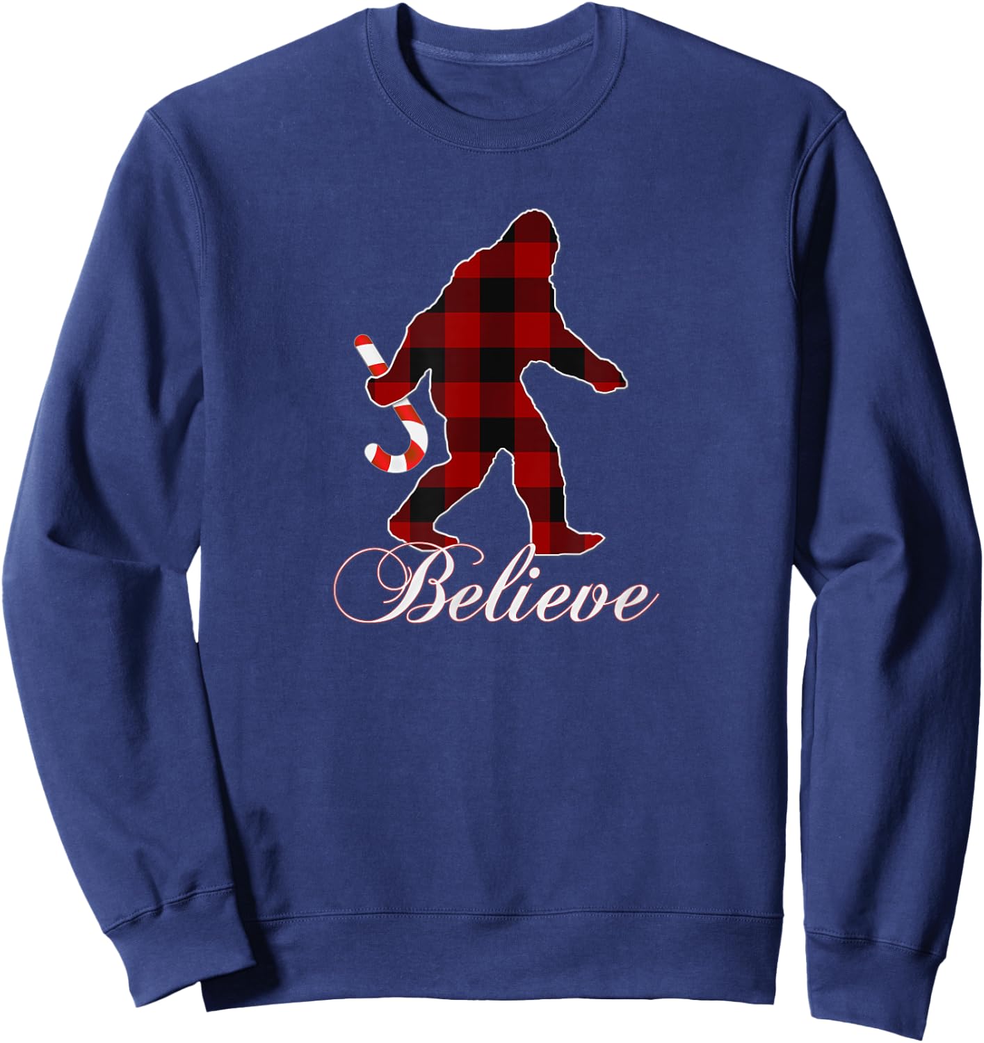 Bigfoot Buffalo Plaid Believe Candy Cane Christmas Pajamas Sweatshirt - Sweatshirt | Navy