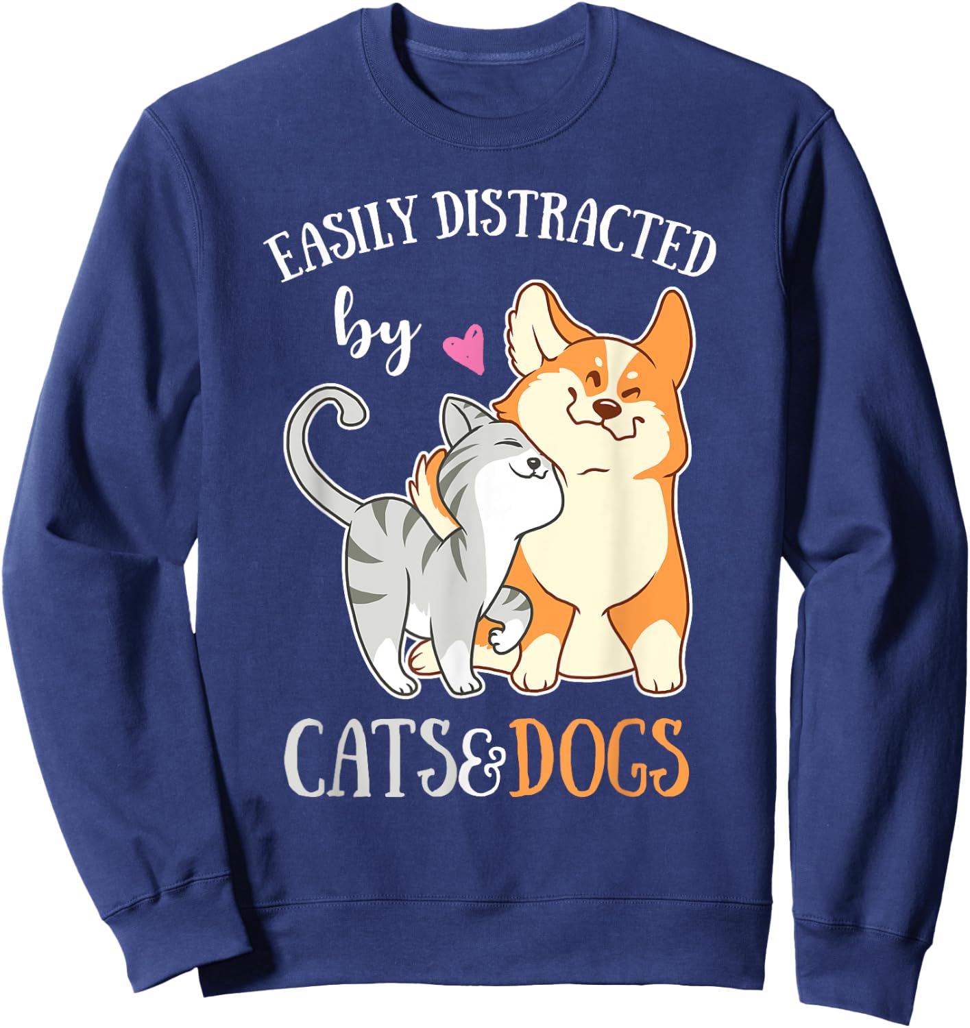 Easily Distracted By Cats And Dogs Corgi Kitten Kids Sweatshirt - Sweatshirt | Navy