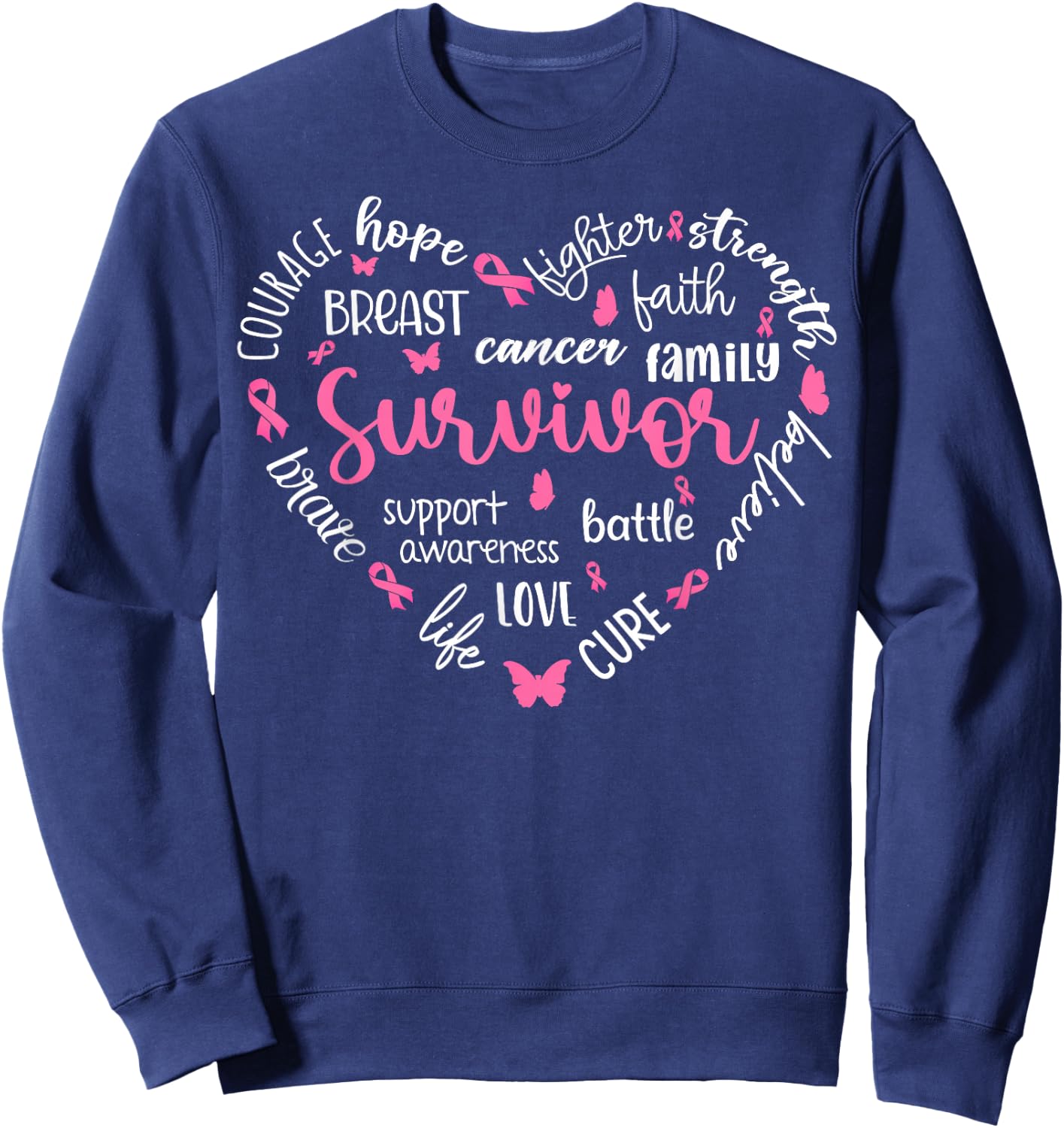 Pink Ribbon Heart Breast Cancer Awareness Survivor Warrior Sweatshirt - Sweatshirt | Navy