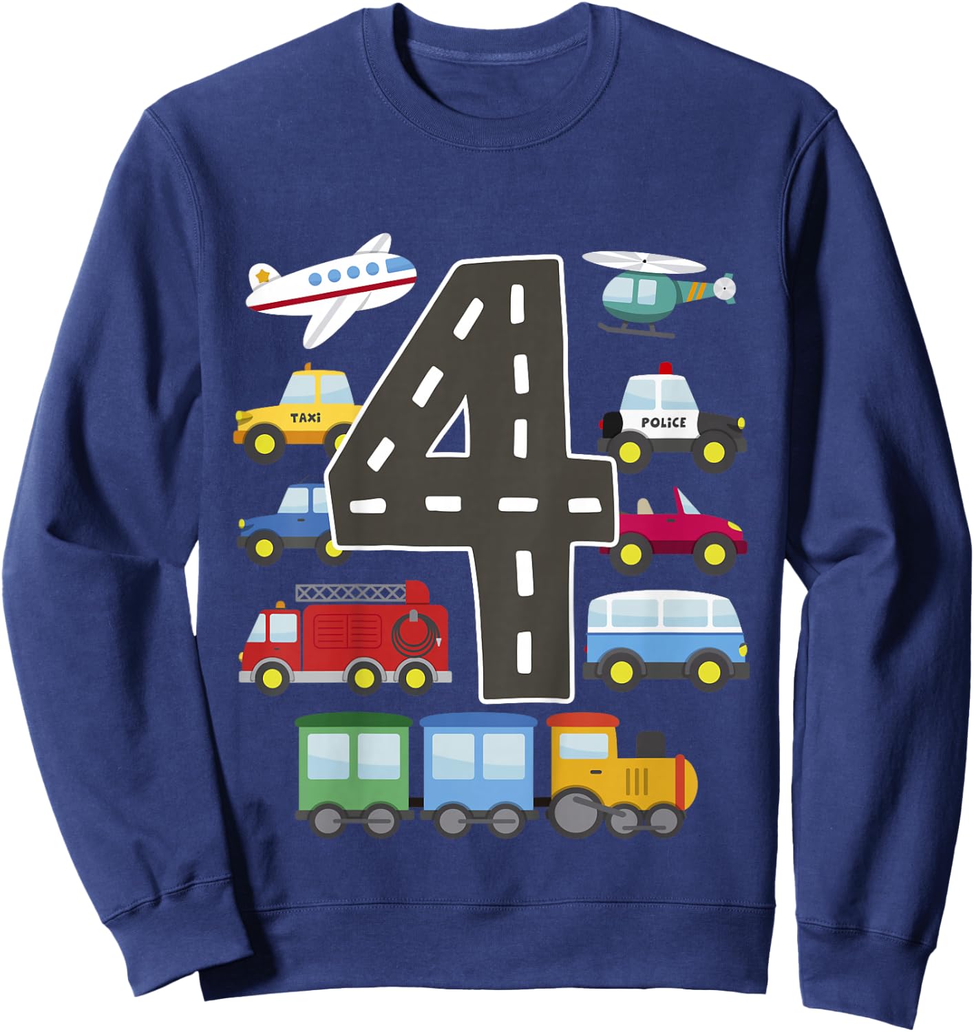 4 Year Old Transportation Birthday Car Train Plane 4th Gift Sweatshirt - Sweatshirt | Navy