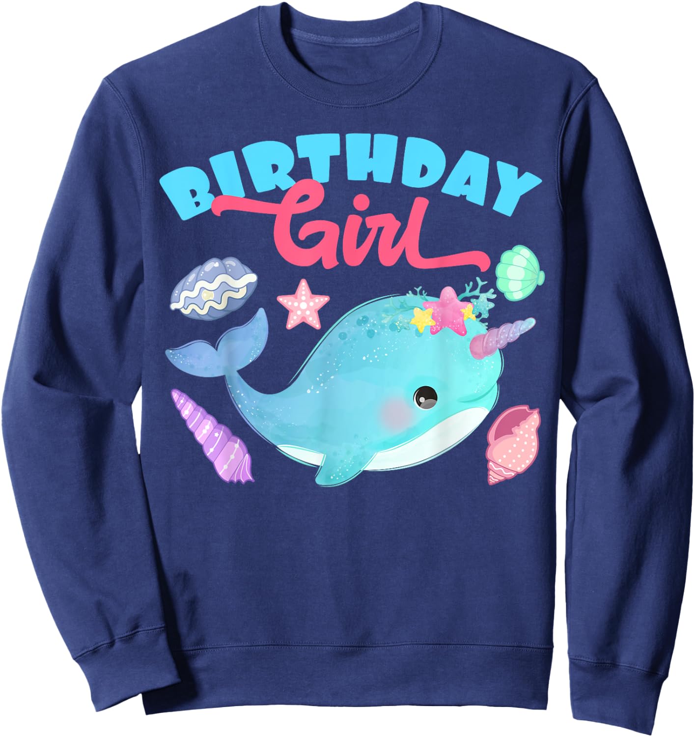 Birthday Girl CAke Candle Narwhale Animals Fish Top Narwhal Sweatshirt - Sweatshirt | Navy