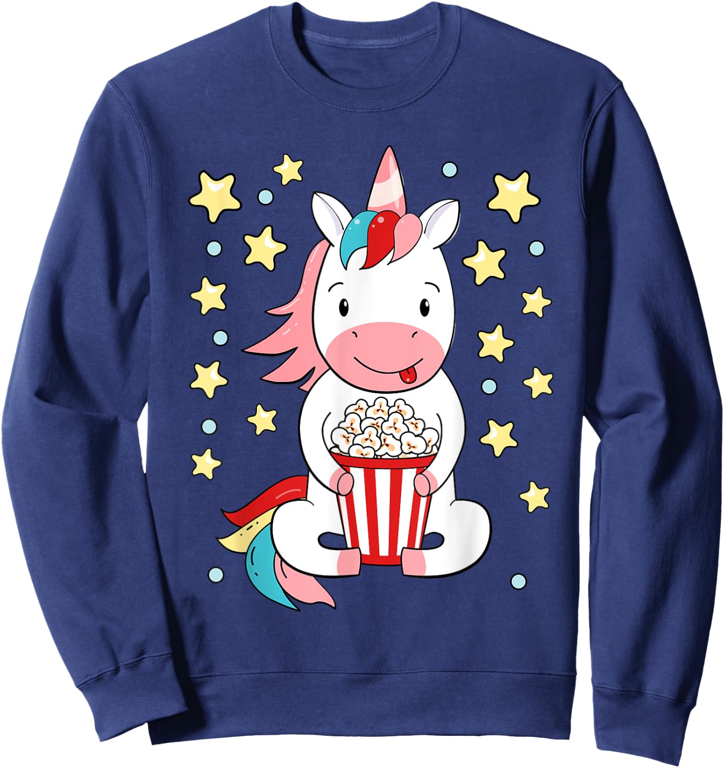 Kawaii Unicorn Popcorn For Movie Enthusiasts, Movie Night Sweatshirt - Sweatshirt | Navy