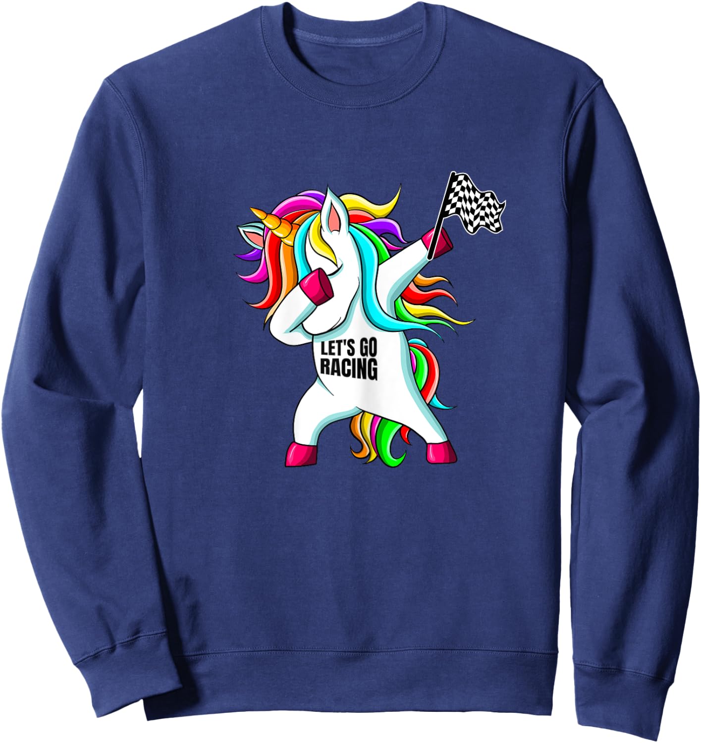 Race Car Racing Dabbing Unicorn Checkered Flag Sweatshirt - Sweatshirt | Navy