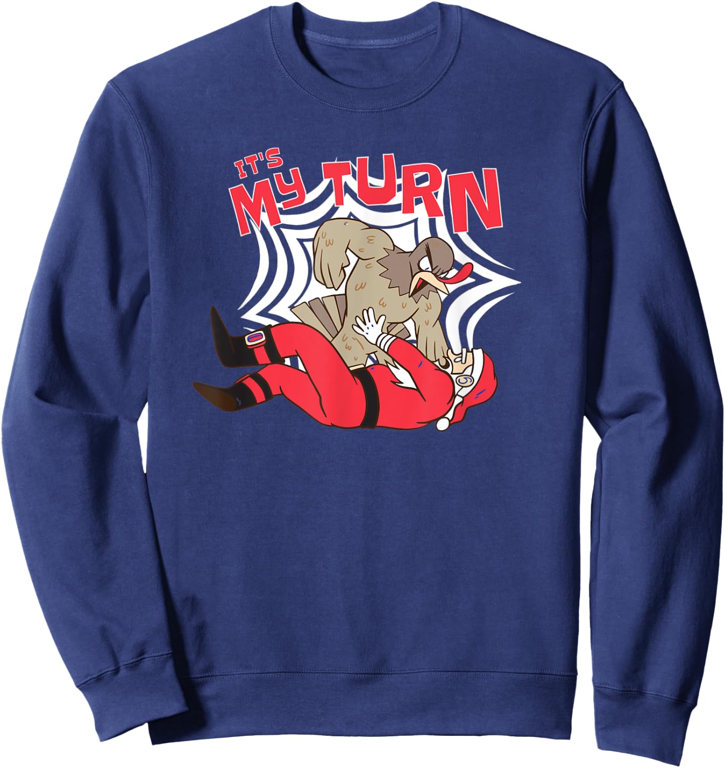 Thanksgiving Turkey Cartoon Beating Up Santa Claus - Funny Sweatshirt - Sweatshirt | Navy