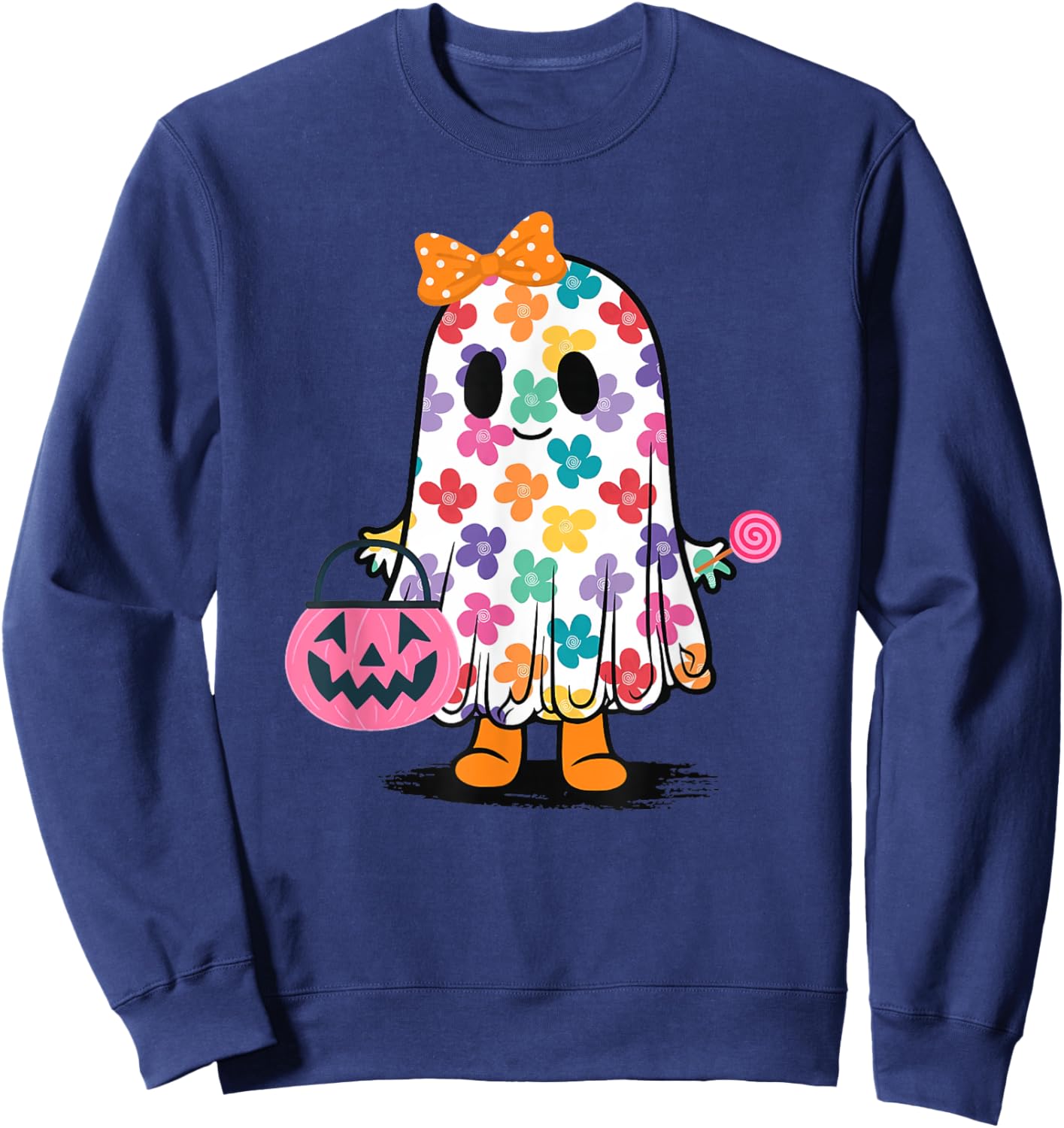 Cute Girly Ghost Flower Spooky Season Sweatshirt - Sweatshirt | Navy